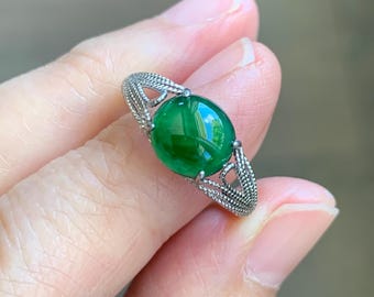 Natural Grade A Guatemalan Icy Translucent Vibrant Green Jade Jadeite Mermaid Tail Ring Sterling Silver Size Adjustable 天然冰危绿翡翠人鱼尾戒指 WLD107