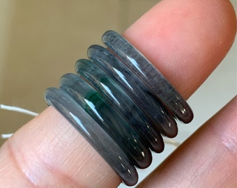 Natural Grade A Guatemalan Highly Translucent Blue Wuji & Green Marbled Jade Jadeite Band Rings Skinny Band Size Varies 天然危地马拉起光起冰蓝乌鸡飘绿花翡翠戒圈