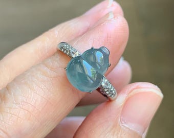 Natural Grade A Guatemalan Icy Translucent Dusty Teal Blue Jade Jadeite Gourd Hulu Ring Sterling Silver Size Adjustable 天然冰危蓝翡翠葫芦戒指 WXG96