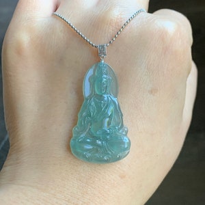 Certified Natural Guatemalan Icy Highly Translucent Gelatinous Light Green Jadeite Guanyin Pendant 18K White Gold Bail 天然冰胶危起光晴色翡翠观音镶嵌吊坠