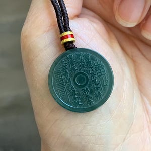 Natural Grade A Guatemalan Icy Dark Teal Blue Jade Jadeite Mountain Ghost Eight Trigrams Coin Pendant Rope Necklace 天然冰危蓝绿翡翠精工山鬼币吊坠 WSGB