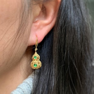 Natural Grade A Guatemalan Vibrant Green Jade Jadeite 3D Hulu Gourd Dangle Earrings S925 Sterling Silver Yellow Gold Finish 天然高冰危绿翡翠银镶立体葫芦耳钩