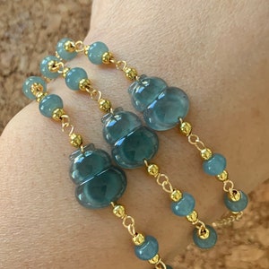 Natural Grade A Guatemalan Icy Highly Translucent Teal  Blue Jadeite Hulu Gourd Bracelet 14K Gold Plated adjustable 7.25” 天然冰危蓝绿翡翠葫芦14K包金手链