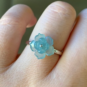 Certified Natural Guatemalan Premium Highly Translucent Sky Blue Jadeite Carved Lotus Flower Ring 18K White Gold size 7 天然危地马拉正高冰天空蓝翡翠莲花镶嵌戒指