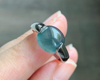 Natural Grado A Guatemalteco Helado Translúcido Oscuro Teal Azul Oval Cabochon Jade Jadeíta Anillo Plata Esterlina Tamaño 7.5 US 6g 天然冰危蓝绿翡翠银镶戒指WHS512B