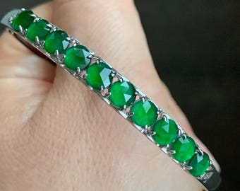 Natural Guatemalan Icy Translucent Vibrant Green Faceted Jadeite 10-Stone Bangle Bracelet Sterling Silver w/ Clasp 9g 天然冰危绿切割面翡翠银镶手镯 QGB560