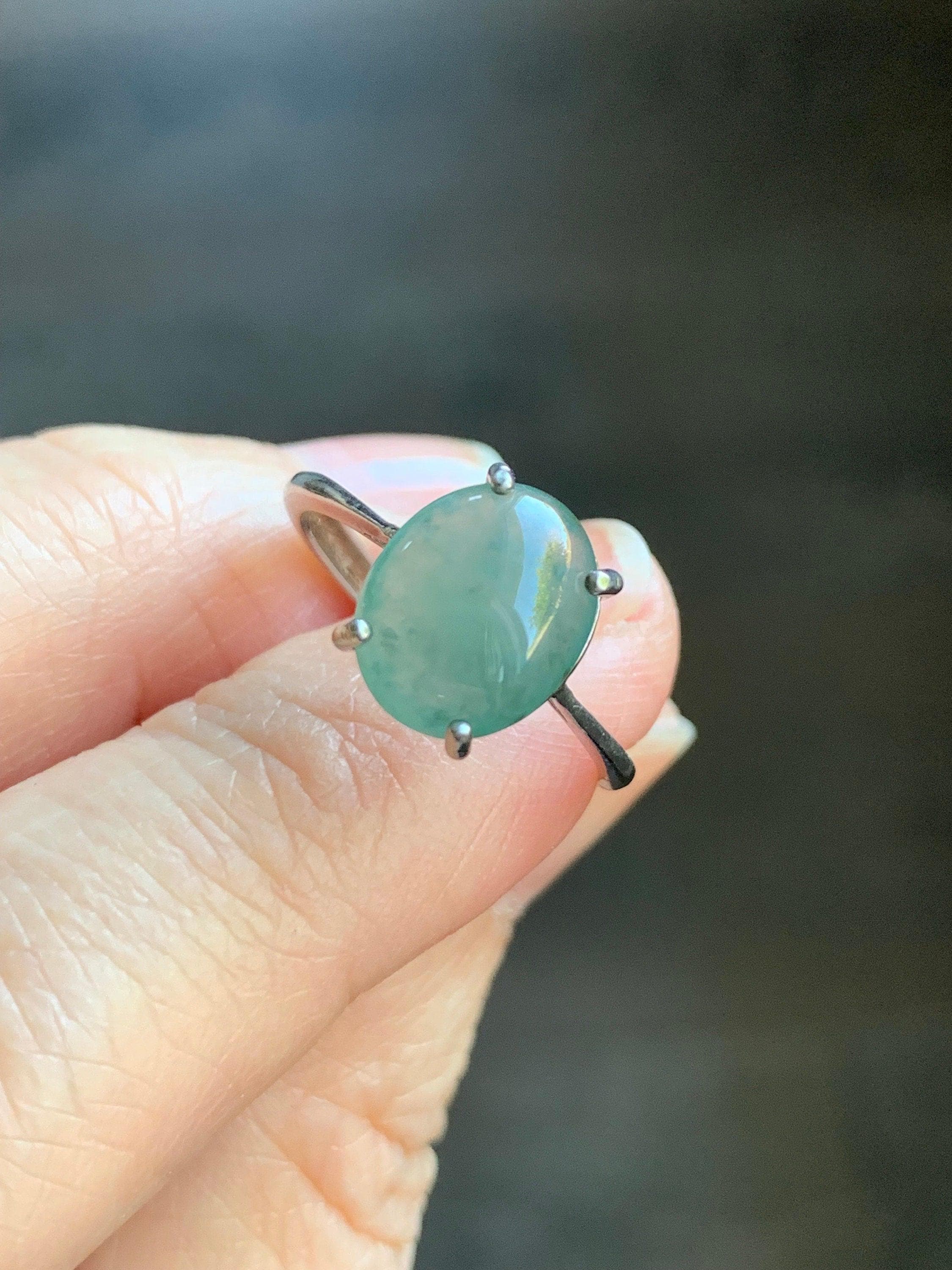 Natural Grade A Icy Translucent Dusty Teal Green Jadeite Oval Cabochon Solitaire Ring S925 Sterling Silver Size 7 天然冰蓝绿色翡翠蛋面银镶戒指 1120C