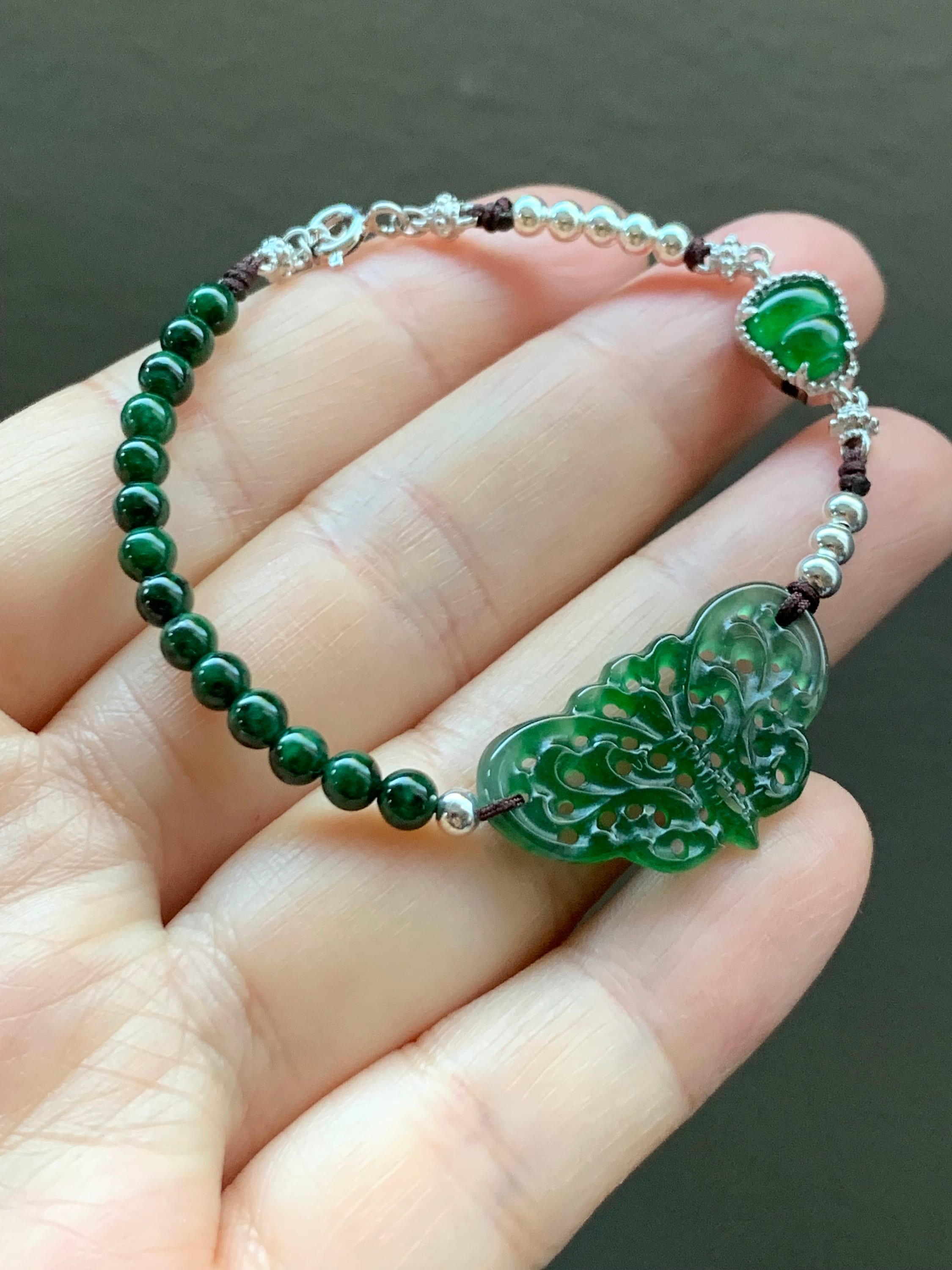 Natürliche Guatemala Jadeit Schmetterling & Kürbis Grün Jade Jadeit Perlen Armband 7,25 ”Sterling Silber