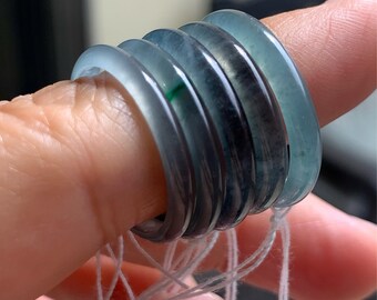 Natural Grade A Guatemalan Highly Translucent Blue Wuji & Green Marbled Jade Jadeite Band Rings Skinny Band Size Varies 天然危地马拉起光起冰蓝乌鸡飘绿花翡翠戒圈