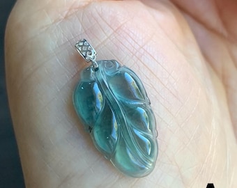 Petite Natural Guatemalan Premium Icy Highly Translucent Teal Blue Teal Green Jadeite Leaf Pendant 18K Gold 天然老种高冰危蓝绿翡翠大叶有成镶嵌吊坠 XYZ928