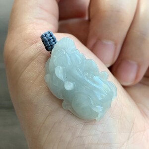 Natural Grade A Icy Translucent Gelatinous Pastel Dusty Blue Jadeite Pixiu Pendant Rope Bail with Black Cord Necklace 11g 天然冰胶淡蓝翡翠貔貅吊坠