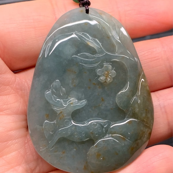 Beautiful Natural Burmese Icy Translucent Dark Teal Green Jadeite with Golden Marbling Deer Pendant Carved Deer Tag Necklace 天然缅甸翡翠撒金鹿牌吊坠