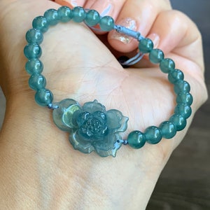 Natural Guatemalan Icy Translucent Gelatinous Teal Blue Jadeite Carved Lotus Flower Beaded Bracelet 6mm 6.5” Adjustable 天然冰危蓝水翡翠圆珠莲花手串