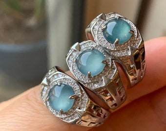 Large Natural Guatemalan Icy Highly Translucent Blue Jadeite Band Ring S925 Sterling Silver Size 9.5 Adjustable 天然老种冰蓝危地马拉翡翠宽版银镶戒指 WNJ90