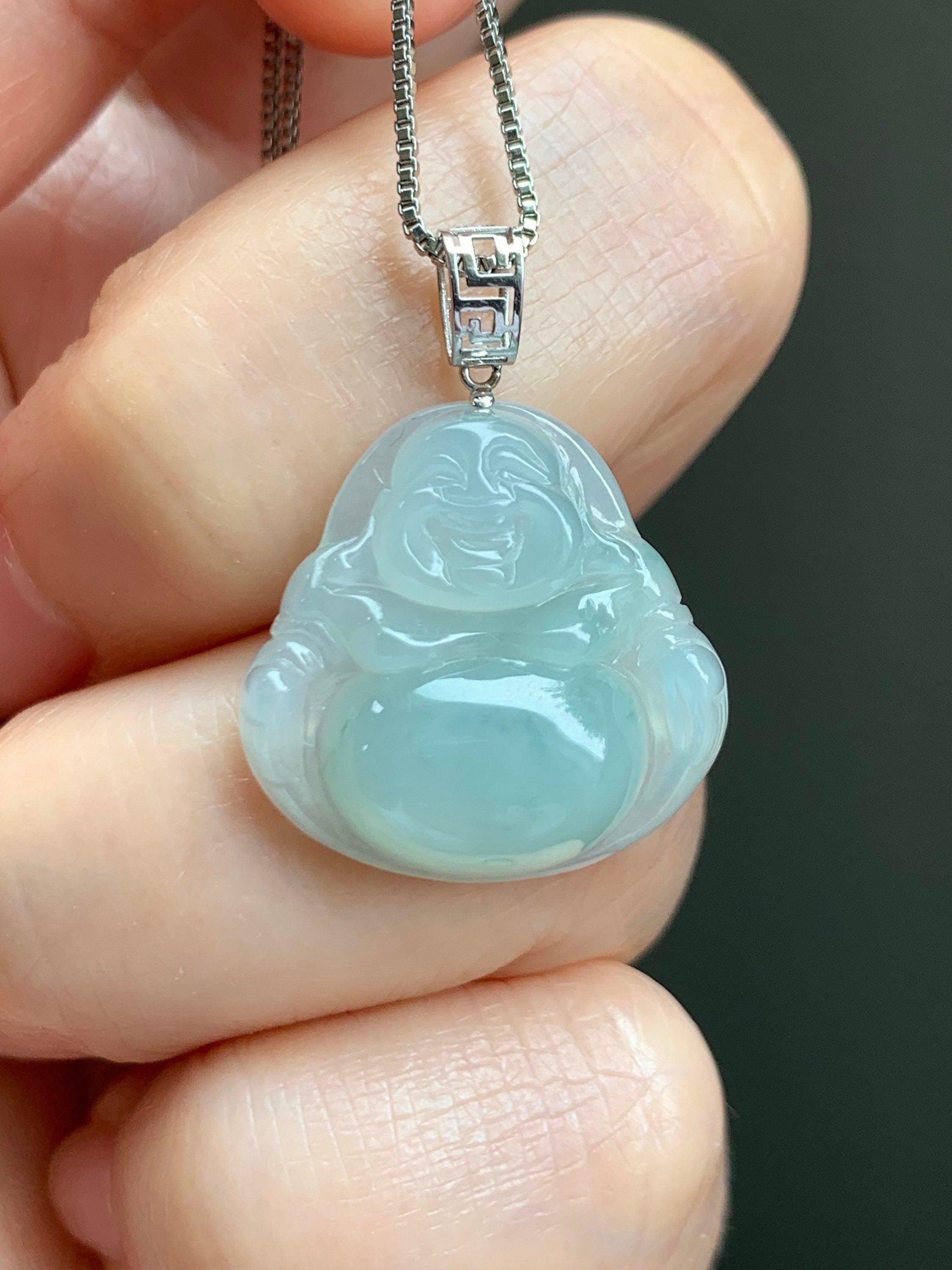 Natural Grade A Icy Translucent Gelatinous Light Green Jadeite Carved Buddha Pendant 18K White Gold 3 grams 天然冰胶晴底翡翠佛公镶嵌吊坠