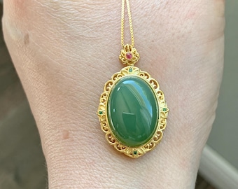 Natural Dark Spinach Green Nephrite Jade Oval Cabochon Pendant S925 Sterling Silver Yellow Gold Overlay 4g 天然和田玉碧玉吊坠银镶 B