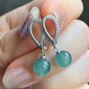 Natural Grade A Guatemalan Icy Highly Translucent Teal Blue Jadeite Beads Lever Back Dangle Earrings Sterling Silver 天然高冰危蓝翡翠圆珠耳钩 EBZ77A