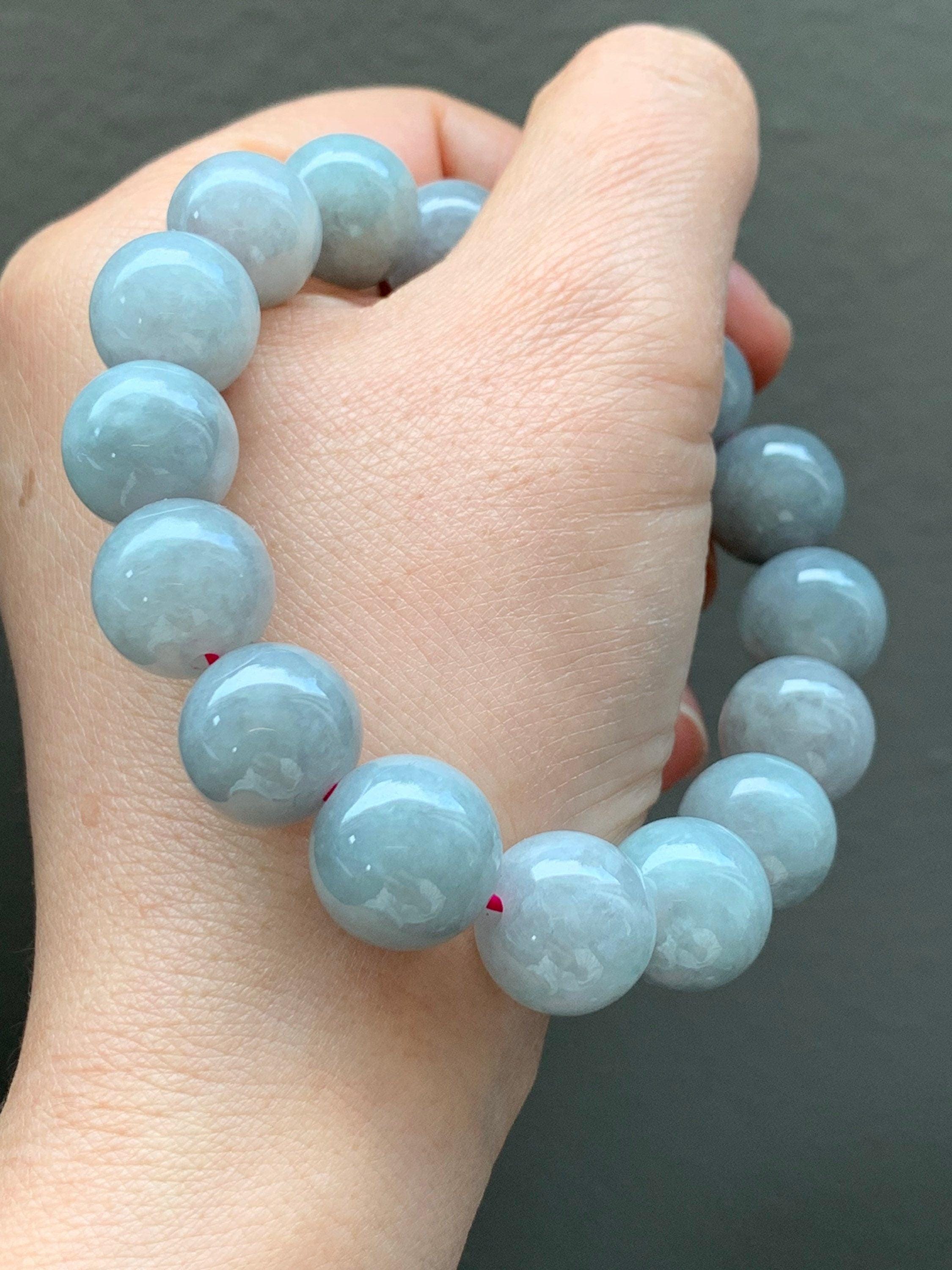 Large Grade A Natural Icy Light Wuji Jadeite Beaded Bracelet 13+mm 7.75" 天然大卡糯冰乌鸡翡翠手串