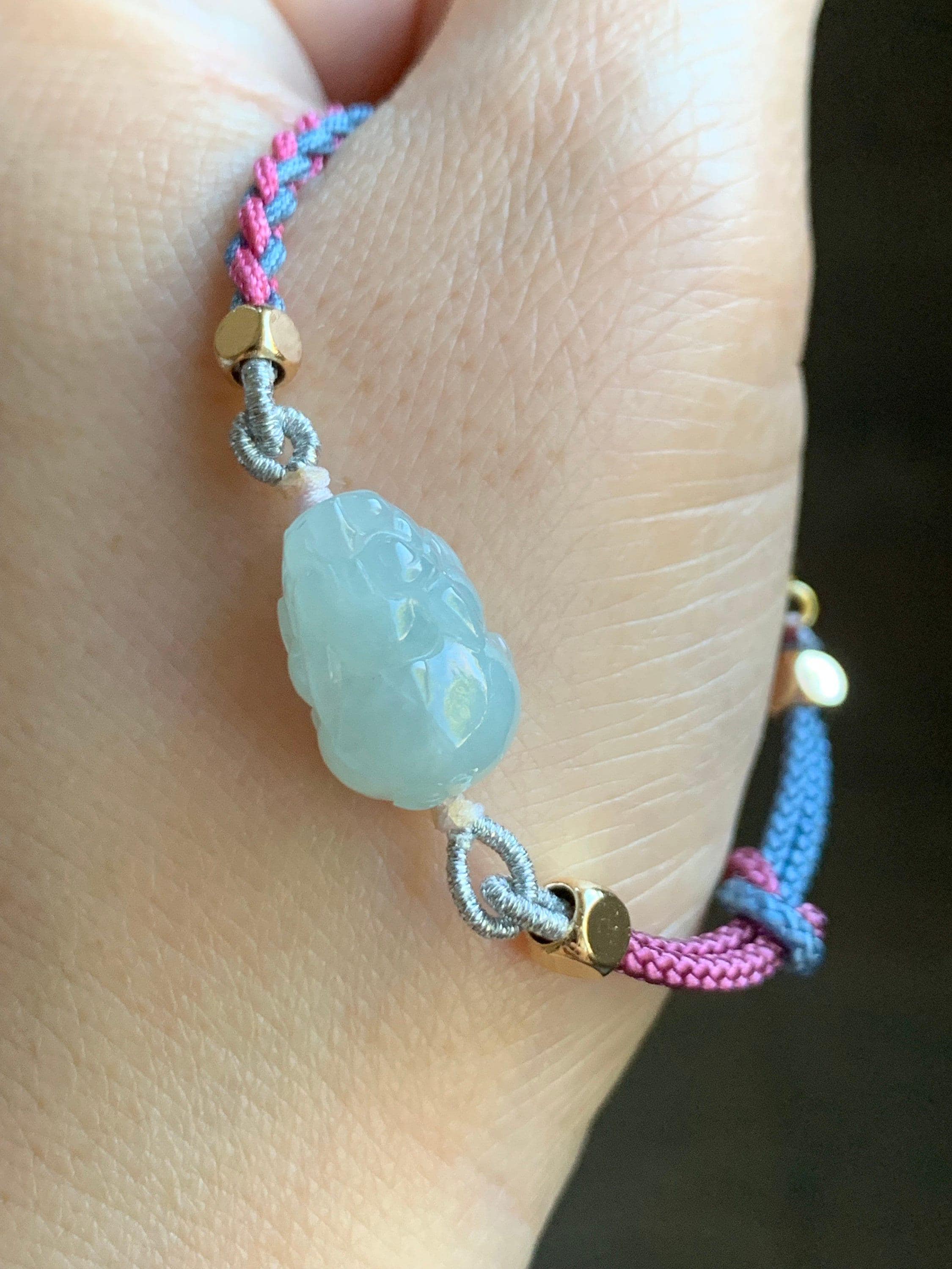 Natural Grade A Icy Translucent Gelatinous Pale Blue Jadeite Pixiu Rope Bracelet Adjustable 5" to 6.75" 天然冰胶淡蓝翡翠貔貅手绳