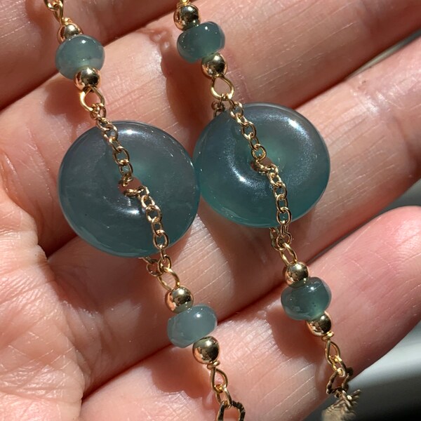 Natural Guatemalan Icy Highly Translucent Jadeite Ping An Kou Bracelet 14K Gold Plated ajustable hasta 7" 天然冰危高冰蓝水翡翠平安扣14K包金手链
