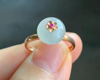 Certified Grade A Icy Highly Translucent Gelatinous White Jadeite Drum Bead Ring 18K Rose Gold & Ruby Size 7 US 天然正白冰翡翠鼓珠红宝石K玫镶嵌戒指