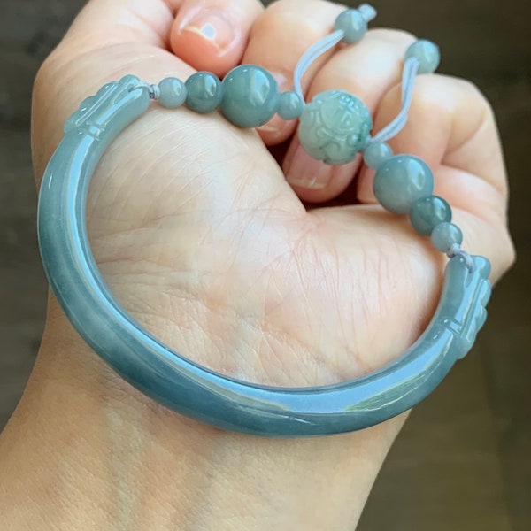 Natural Guatemalan Icy Translucent Dusty Blue Jadeite w/ Dark Teal Blue Marbling Open Bangle Beaded Bracelet 56.6mm 27g 天然冰胶危篮翡翠半镯手串