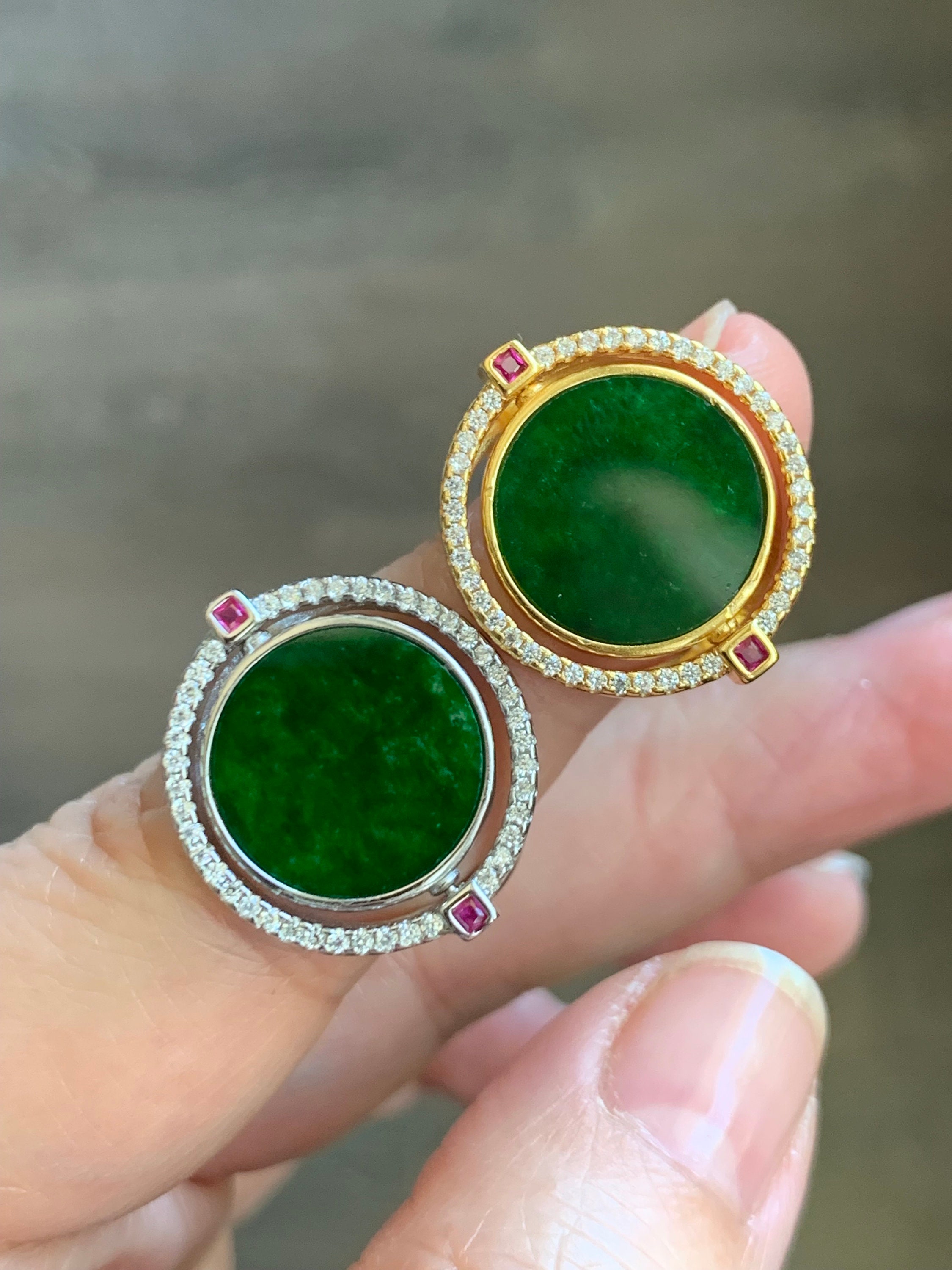 Natural Grado A Helado Translúcido Vibrante Verde Jadeíta MOP Flip Ring Plata de Ley Tamaño 6 Ajustable 6g 天然阳绿花青翡翠贝母双面银镶戒指 HQY200