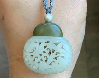 Natural Translucent Icy White & Green Nephrite Jade Openwork Engraved Locket Pendant Rope Necklace Adjustable 25” 14g 天然和田玉白玉镂空雕花瓶项链 HTY-Y