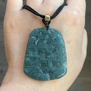 Natural Guatemalan Dark Dusty Teal Blue Jadeite Carved Shan Shui Pai Landscape Tag Pendant Rope Necklace 25” 21g 天然冰危暗蓝绿翡翠山水牌吊坠 SHS522A