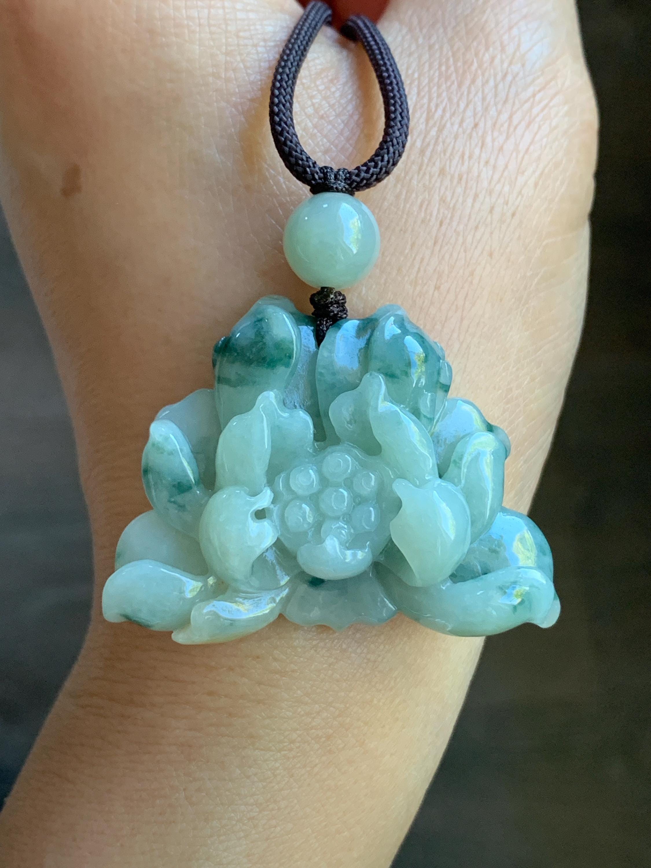 天然グレード A 半透明イエロー & グリーンマーブリング三色翡翠彫刻蓮