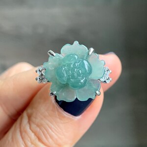 Natural Grade A Guatemalan Icy Translucent Teal Blue Jade Jadeite Lotus Flower Ring Sterling Silver Size Adjustable 4g 天然冰危蓝绿翡翠莲花戒指 WLY150A