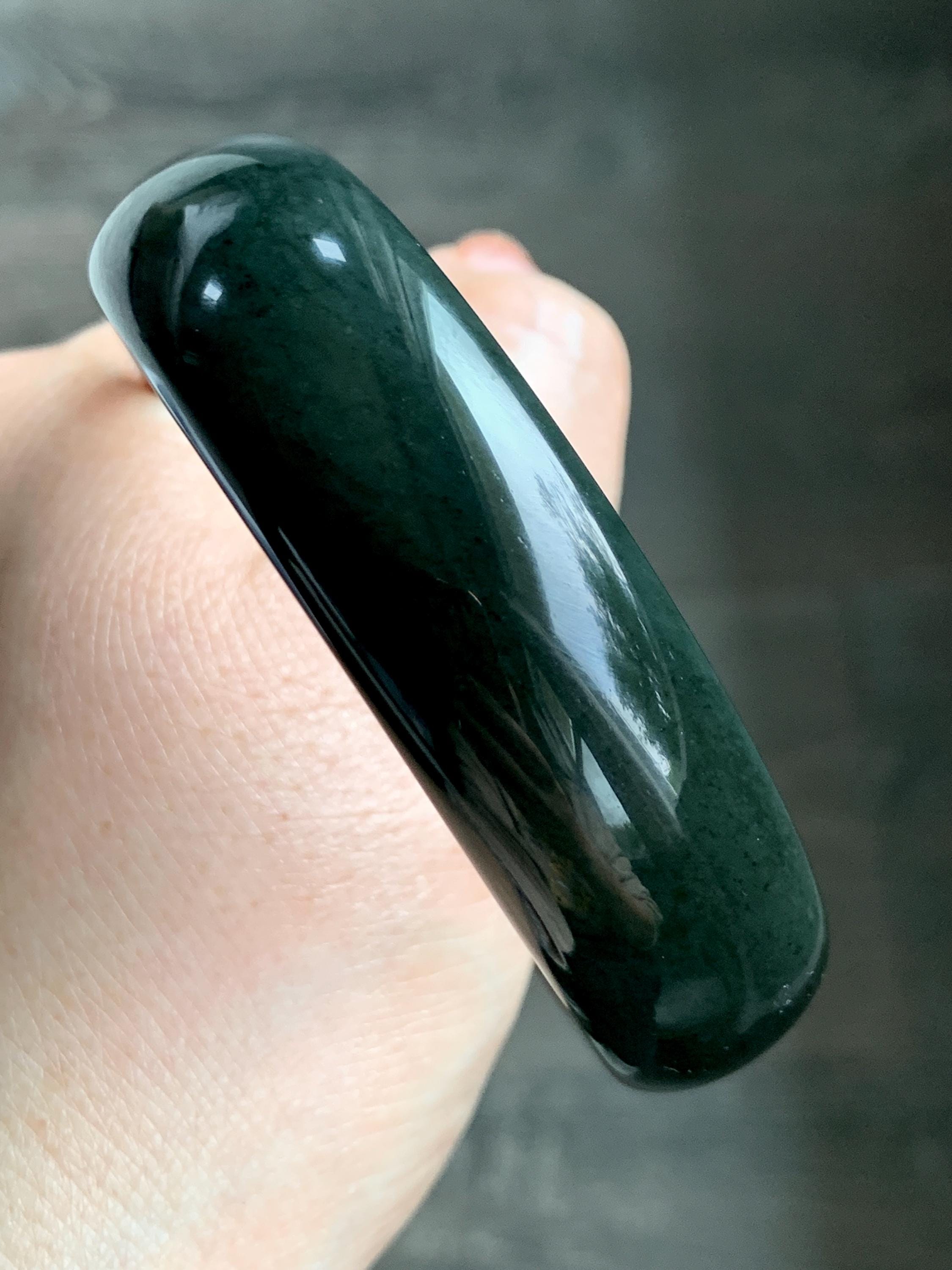 Certified Natural Nephrite Jade Opaque Black Wide Bangle Bracelet