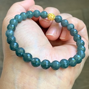 Natural Guatemalan Grade A Icy Translucent Dark Gray Wuji Faceted Jade Jadeite Beaded Bracelet 7.3mm 7.75" 17g 天然冰危乌鸡翡翠切割面圆珠手串 WQG110A