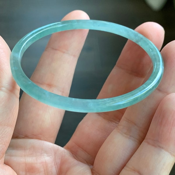 Certified Natural Guatemalan Premium Icy Light Dusty Teal Blue Jadeite Slim Bangle Bracelet 50.3mm 3.5x4.1mm 7.38g 天然冰胶危淡晴蓝翡翠细条手镯 3253