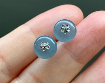 Certified Guatemalan Natural Icy Highly Translucent Light Blue Jadeite Drum Bead Stud Earrings 18K White Gold 天然冰危蓝水翡翠鼓珠Ｋ金镶嵌耳钉 1643