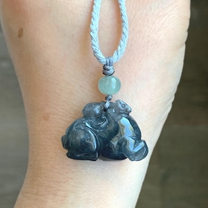 Natural Grade A Icy Translucent Gelatinous Dark Wuji Jade Jadeite Carved Tang Horse Pendant Rope Necklace 26&quot; 11g 天然冰透乌鸡翡翠唐马吊坠挂件 TMW407