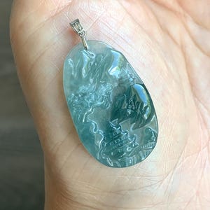 PETITE Natural Grade A Guatemalan Dark Teal Jade Jadeite Carved Shan Shui Pai Landscape Tag Pendant Sterling Silver 5g 天然冰危深蓝翡翠小山水牌吊坠 XWSS-B