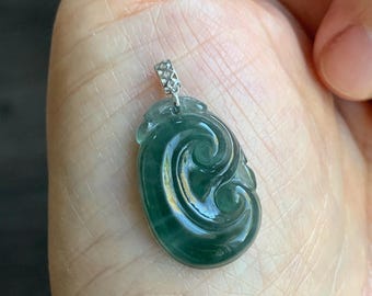 Petite Natural Guatemalan Icy Translucent Teal Blue Teal Green Jadeite Ruyi Amulet Pendant 18K White Gold 天然老种冰危蓝绿翡翠如意镶嵌吊坠 XRY614