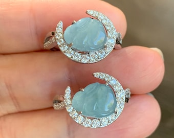 Natural Guatemalan Icy Translucent Sky Blue Jadeite Carved Bunny Rabbit Solitaire Ring Sterling Silver Adjustable Size 天然冰危天空蓝翡翠小兔银镶戒指 WXT