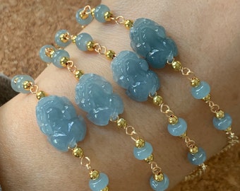 Natural Guatemalan Translucent Gelatinous Blue Jadeite Carved Pixiu Bracelet 14K Gold Plating adjustable up to 7.25"-7” 天然冰危蓝翡翠立体雕貔貅14K包金手链