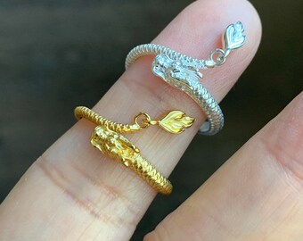 S925 Sterling Silver Dragon Bypass Style Open Band Ring Size Adjustable 3 grams S925纯银盘龙重银开口可调节戒圈