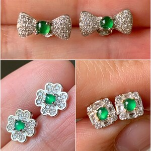Natural Guatemalan Highly Translucent Vibrant Green Jadeite Stud Earrings S925 Silver Style Varies 天然高危绿翡翠镶嵌耳钉