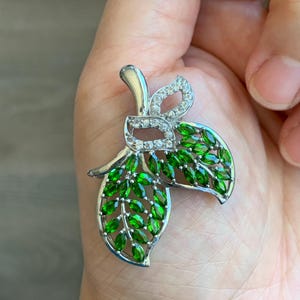 Large Natural Genuine Unheated Green Chrome Diopside Marquise Cut and Natural White Topaz Cluster Leaf Design Pendant Sterling Silver 6g