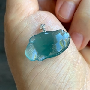 Natural Grade A Guatemalan Icy Translucent Gelatinous Old Mine Teal Blue Jadeite Fish Pendant 18K White Gold 4g 天然老种冰胶危蓝翡翠鱼镶嵌吊坠 A
