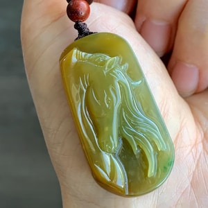 Stunning Natural Guatemalan grade A Icy Translucent Intense Yellow Jadeite w/ Green Marbling Horse Pendant Rope Necklace 天然冰危浓黄飘绿翡翠马牌吊坠挂件