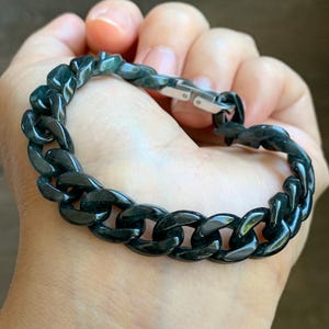 Natural Grade A Guatemalan Icy Translucent Wuji Jade Jadeite Carved Curb Chain Bracelet Stainless Steel 7.25” 15g 天然冰胶危乌鸡翡翠链手链 CBW108B