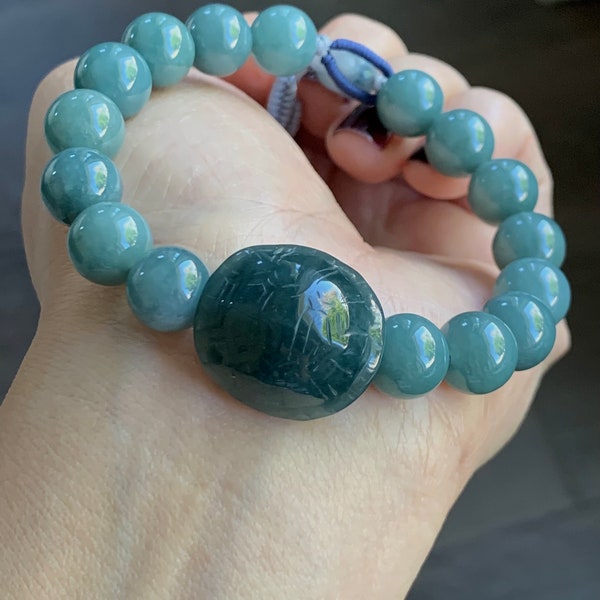 Natural Guatemalan Icy Translucent Dark Teal Blue Jadeite Turtle Shell Charm Dusty Blue Beaded Bracelet 9.9mm 7” 35g 天然糯冰危蓝水翡翠富甲手串 WLF1118