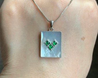 Natural Guatemalan Grade A Icy Vibrant Green Jadeite Mother of Pearl Pendant Sterling Silver 天然冰危绿翡翠贝母银镶吊坠