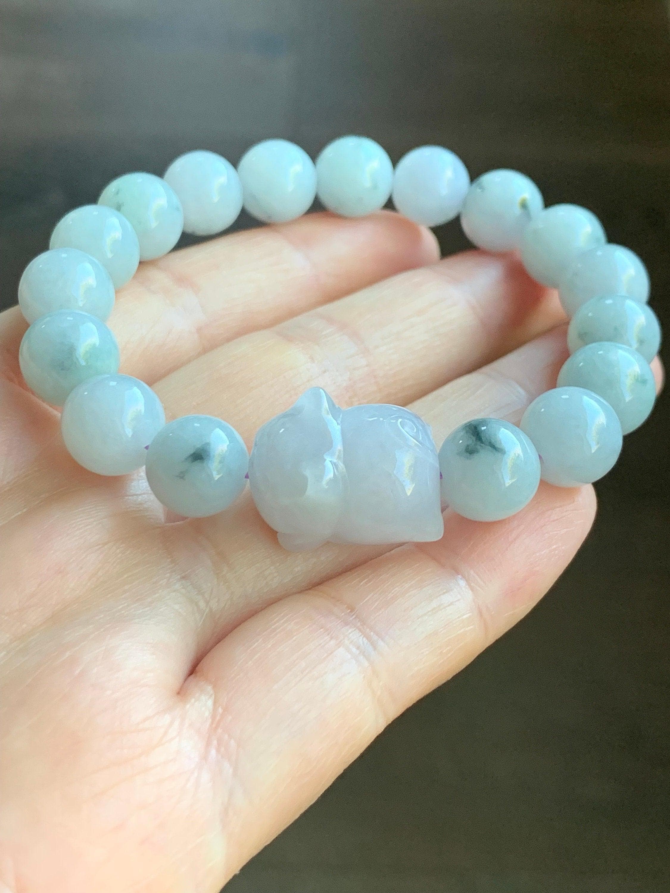 Large Natural Grade A Icy Green Marbled Jadeite Beads Pudgy Cat Jadeite Charm Beaded Bracelet 10mm 6.75" 36g 天然大卡飘花翡翠猫咪珠手串 11724