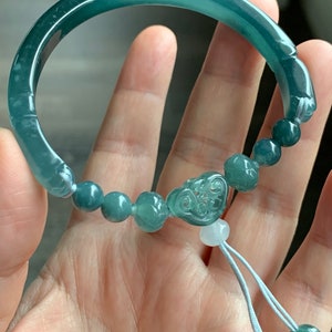 Certified Natural Guatemalan Icy Intense Blue Jadeite Open Bangle Bracelet w/ Ruyi Lotus Flower Charms 58mm 天然老种冰胶危篮水翡翠半镯莲花如意珠手环 7416